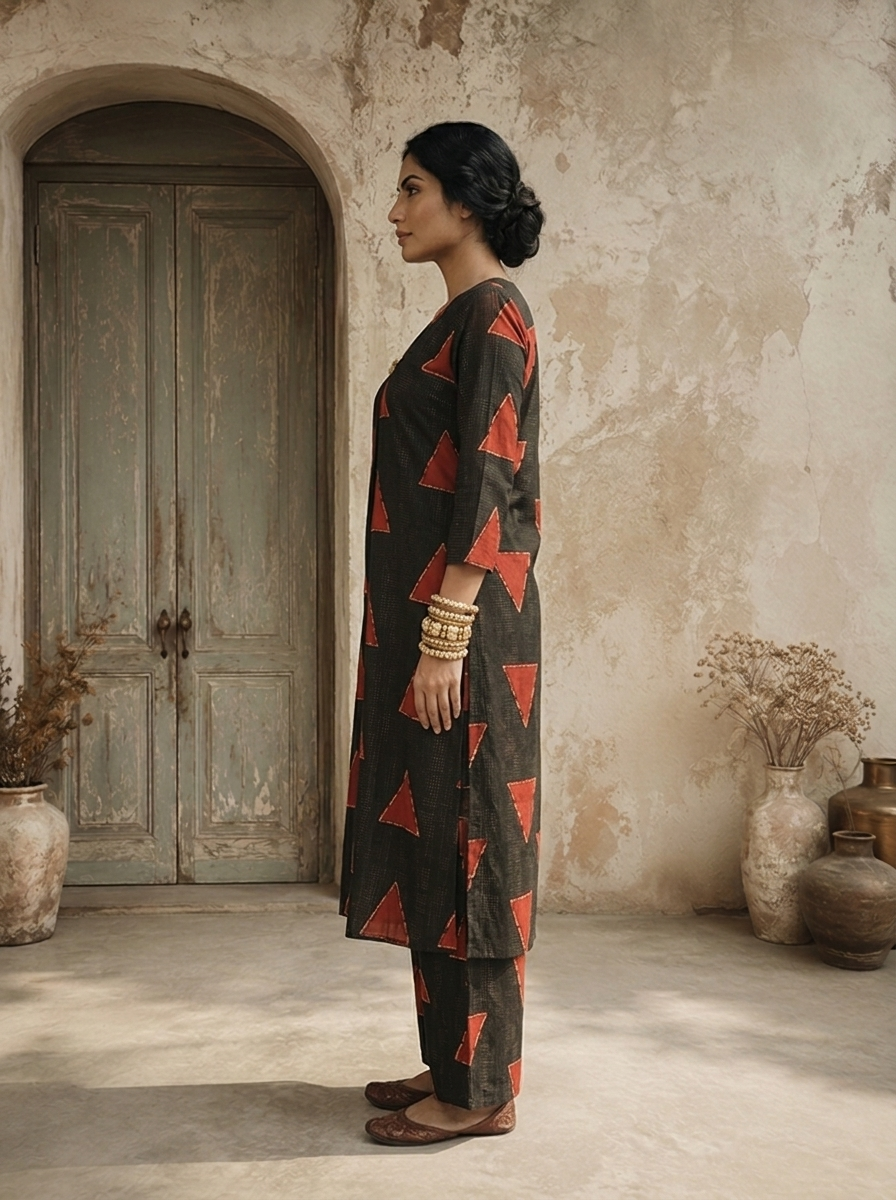 Black Cotton Triangle Jaal Printed Two Piece Set