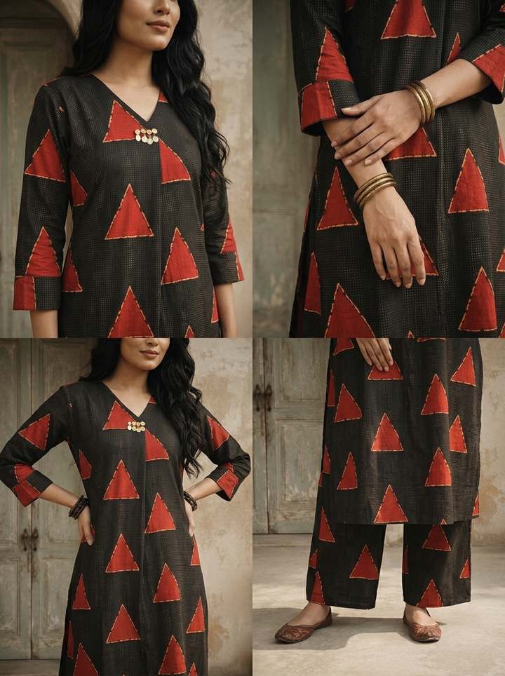 Black Cotton Triangle Jaal Printed Two Piece Set