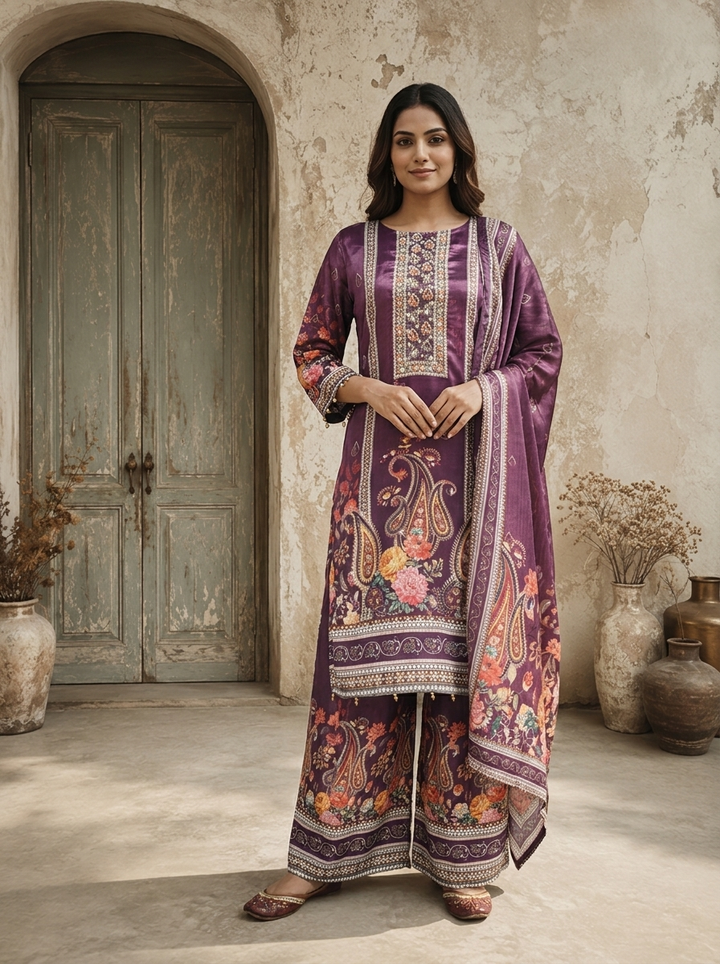 Purple Chinon Paisley Floral Printed Three Piece Set