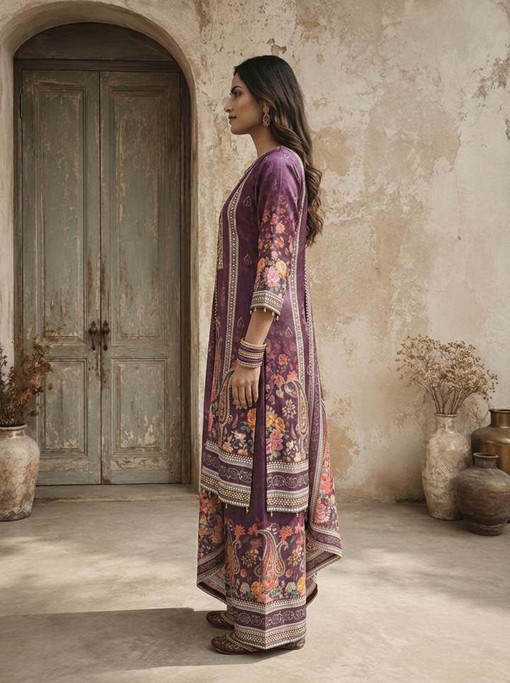 Purple Chinon Paisley Floral Printed Three Piece Set