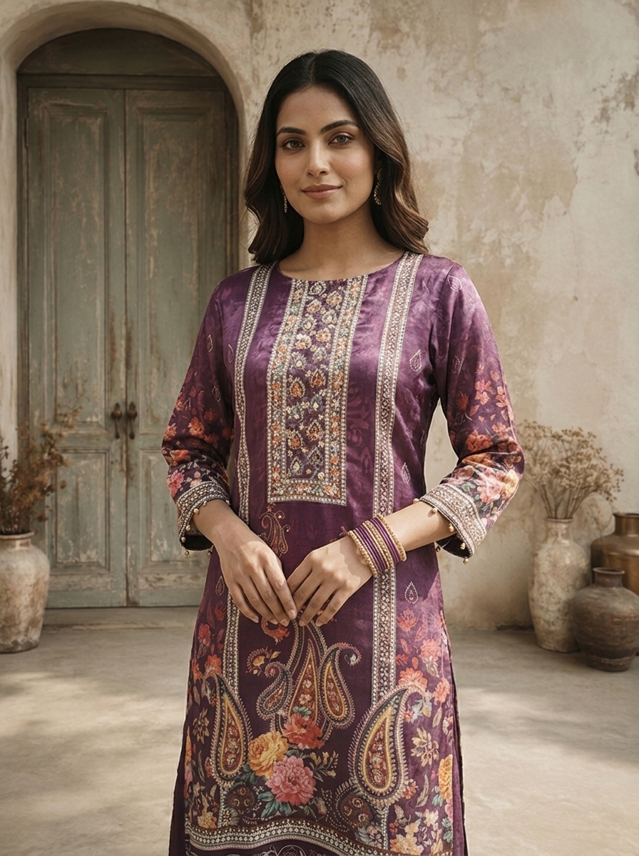 Purple Chinon Paisley Floral Printed Three Piece Set