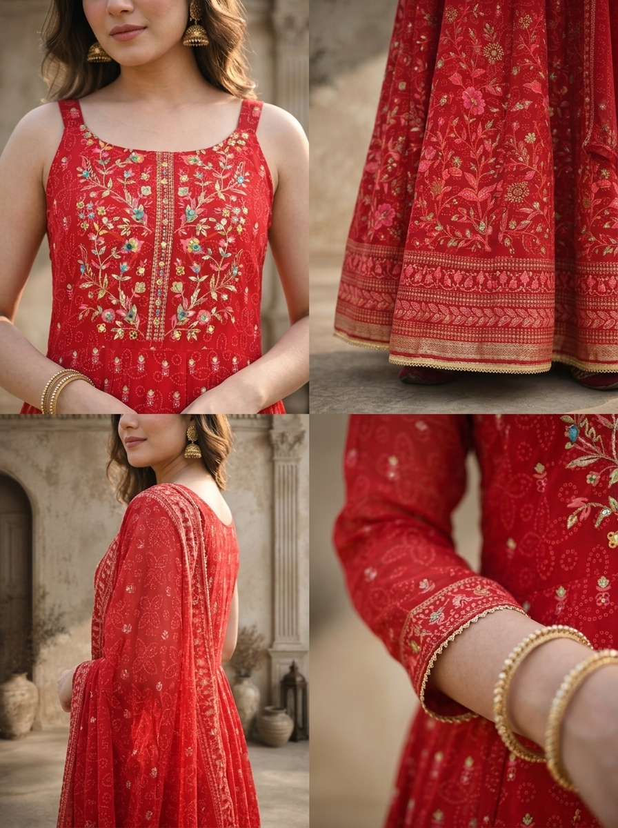 Maroon Organza Bandhani Booti With Floral Printed Three Piece Set