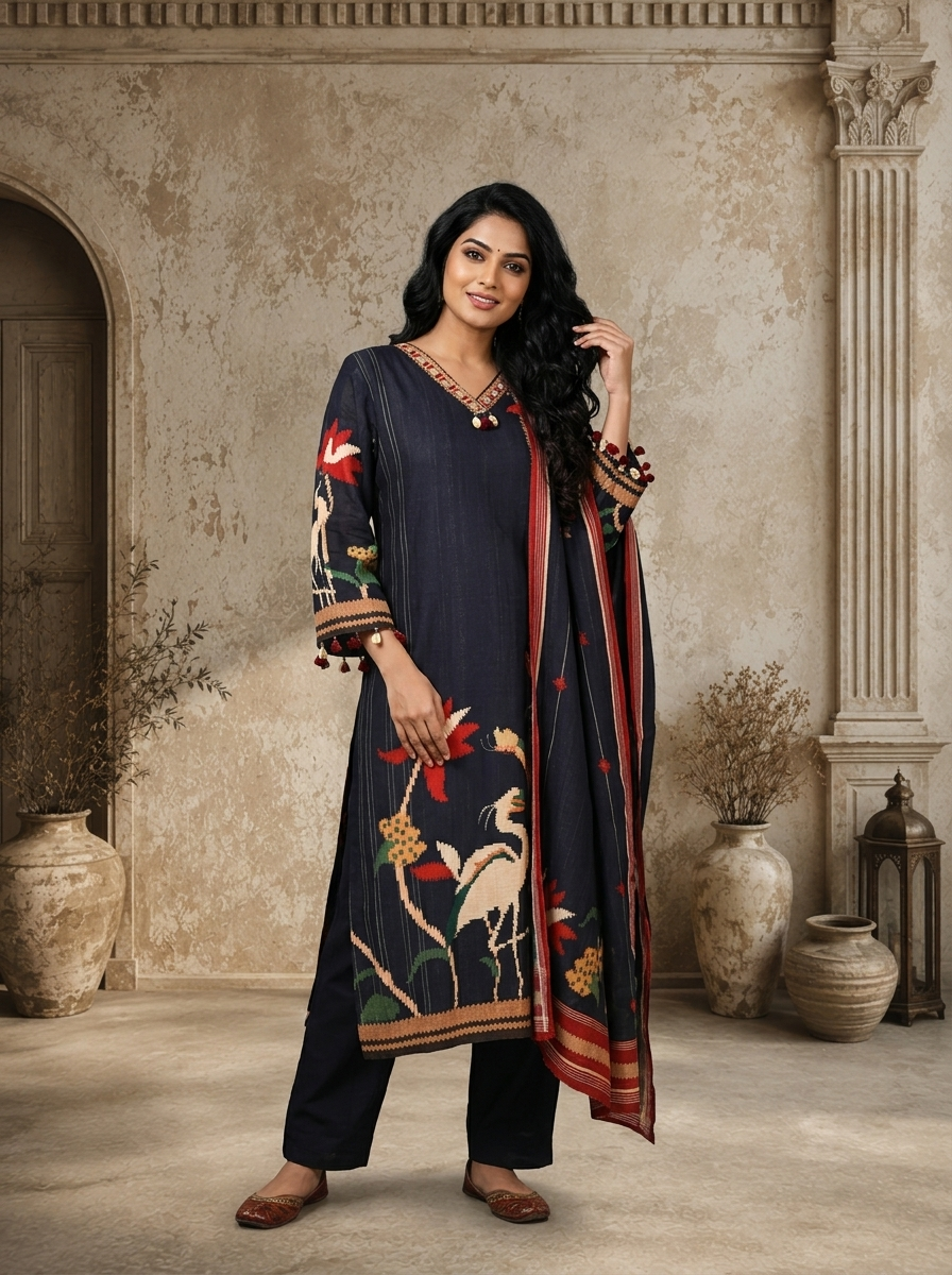 Navy Blue Linen Lotus And Crane Embroidered Three Piece Set