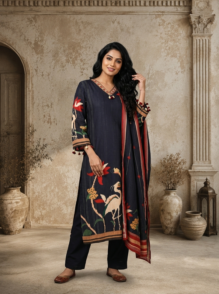 Navy Blue Linen Lotus And Crane Embroidered Three Piece Set