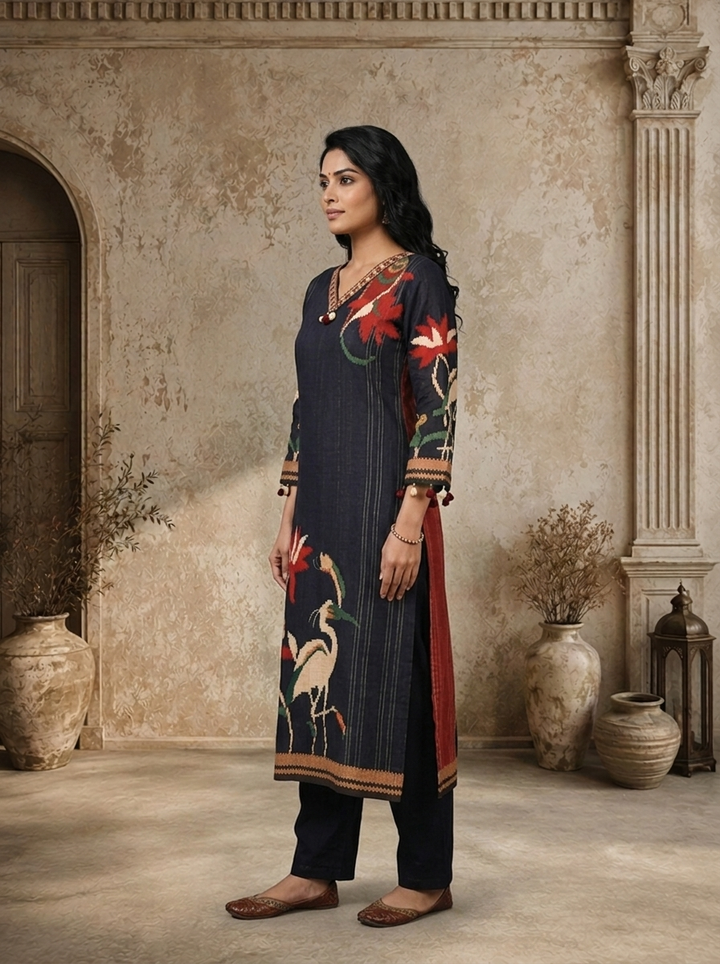 Navy Blue Linen Lotus And Crane Embroidered Three Piece Set