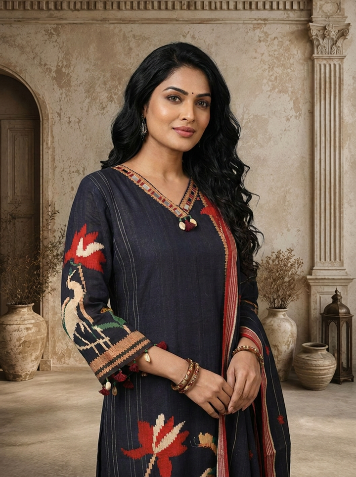 Navy Blue Linen Lotus And Crane Embroidered Three Piece Set
