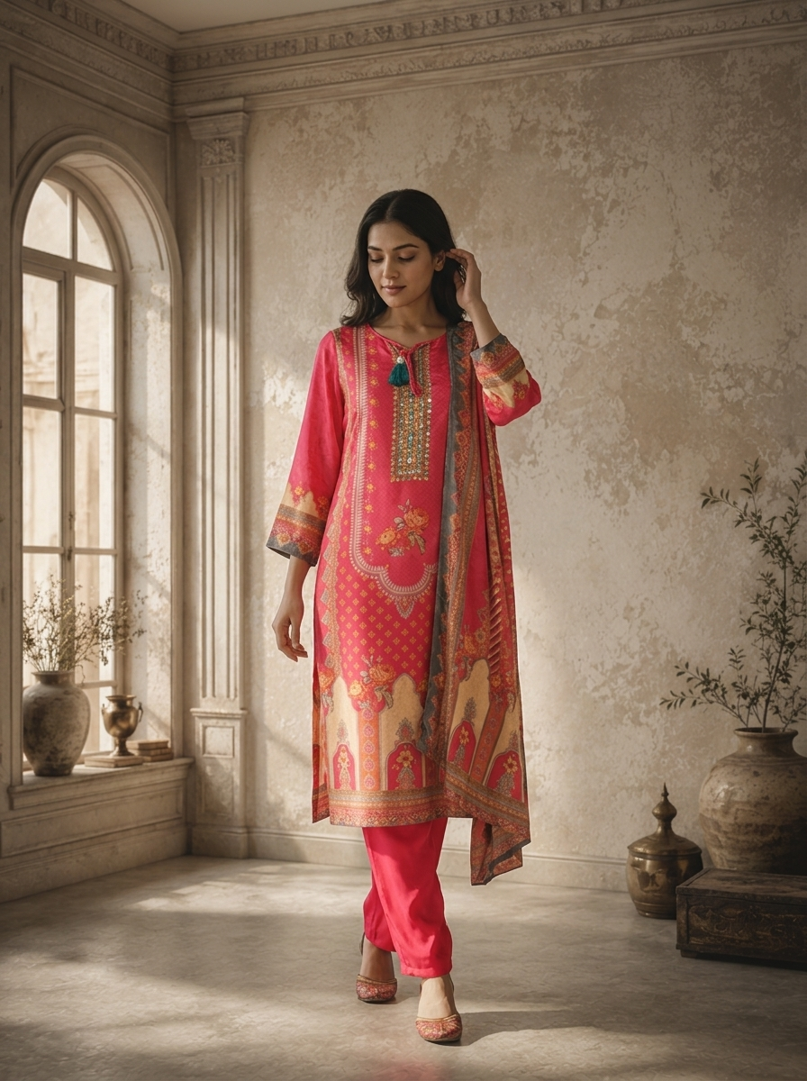Magenta Crepe Mughal Arch Printed Three Piece Set