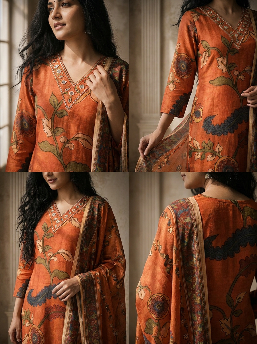 Rust Muslin Kalamkari Floral Jaal Printed Three Piece Set