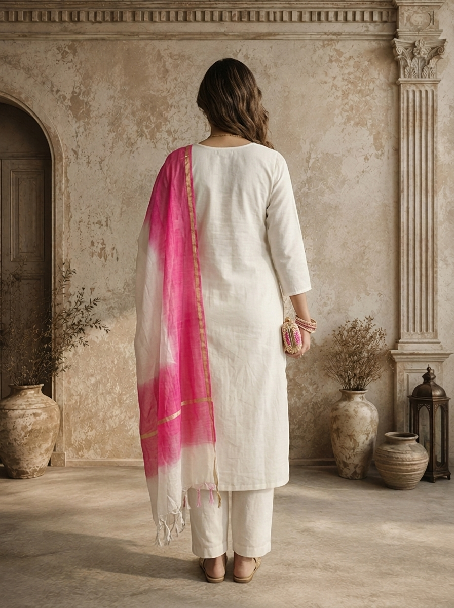 White Chanderi Floral Zardozi Embroidered Three Piece Set