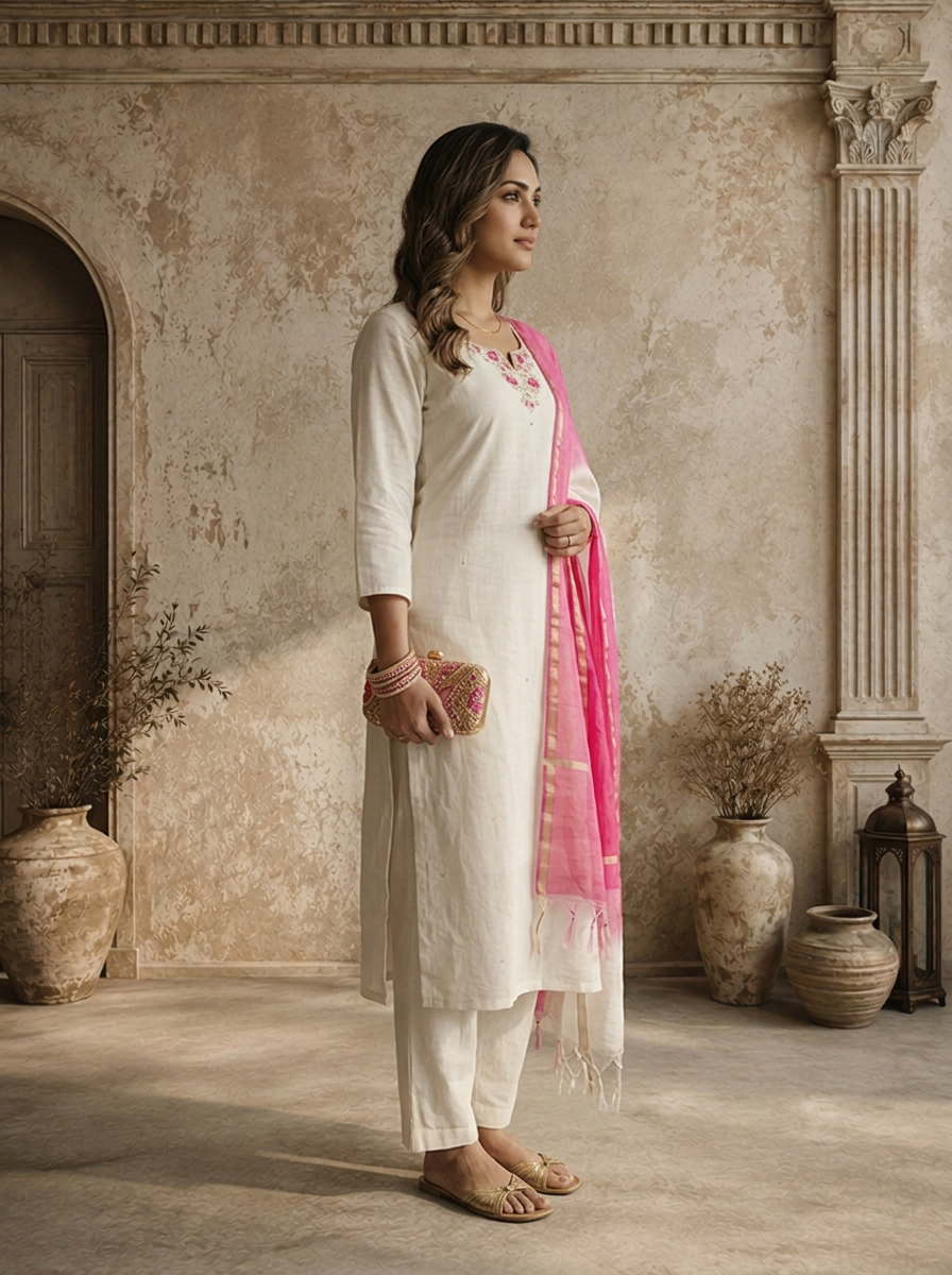 White Chanderi Floral Zardozi Embroidered Three Piece Set