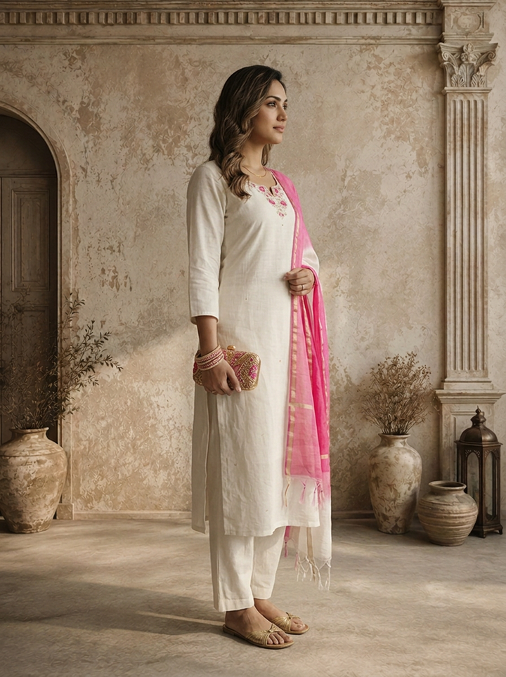 White Chanderi Floral Zardozi Embroidered Three Piece Set