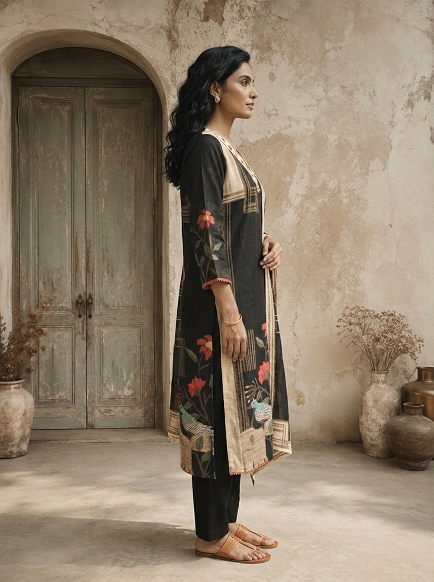 Black Cotton Paithani With Floral Embroidered Three Piece Set