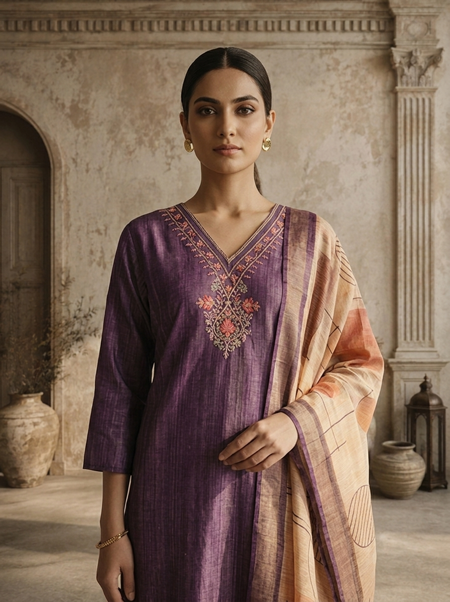 Purple Satin Zari Stripes Embroidered Three Piece Set