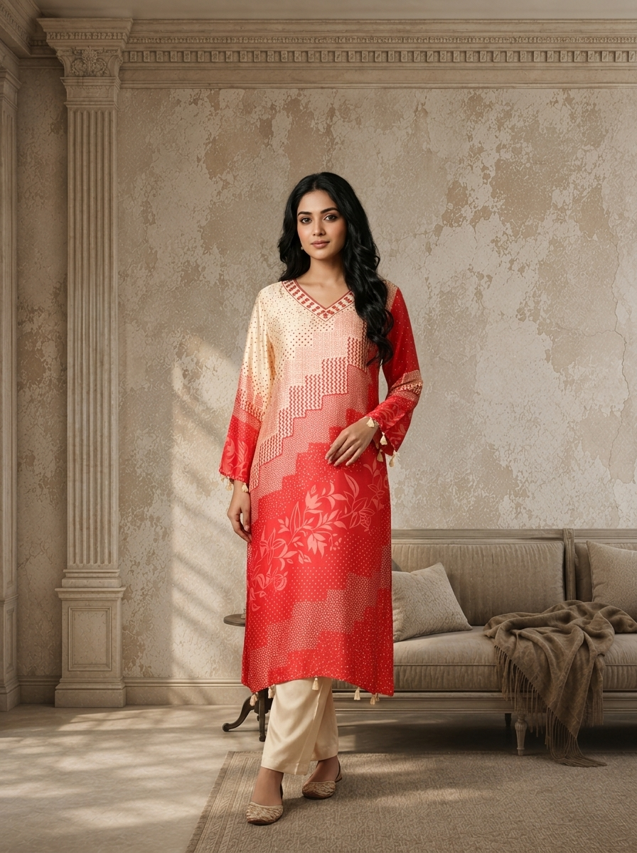 Red Satin Geometric Patchwork And Leaf Printed Two Piece Set