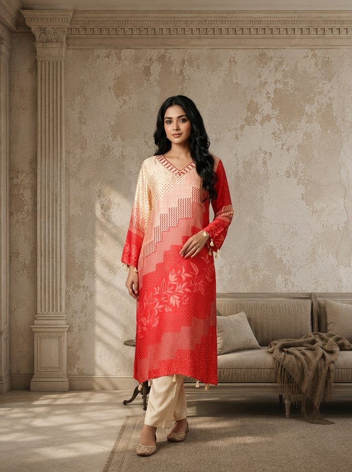 Red Satin Geometric Patchwork And Leaf Printed Two Piece Set