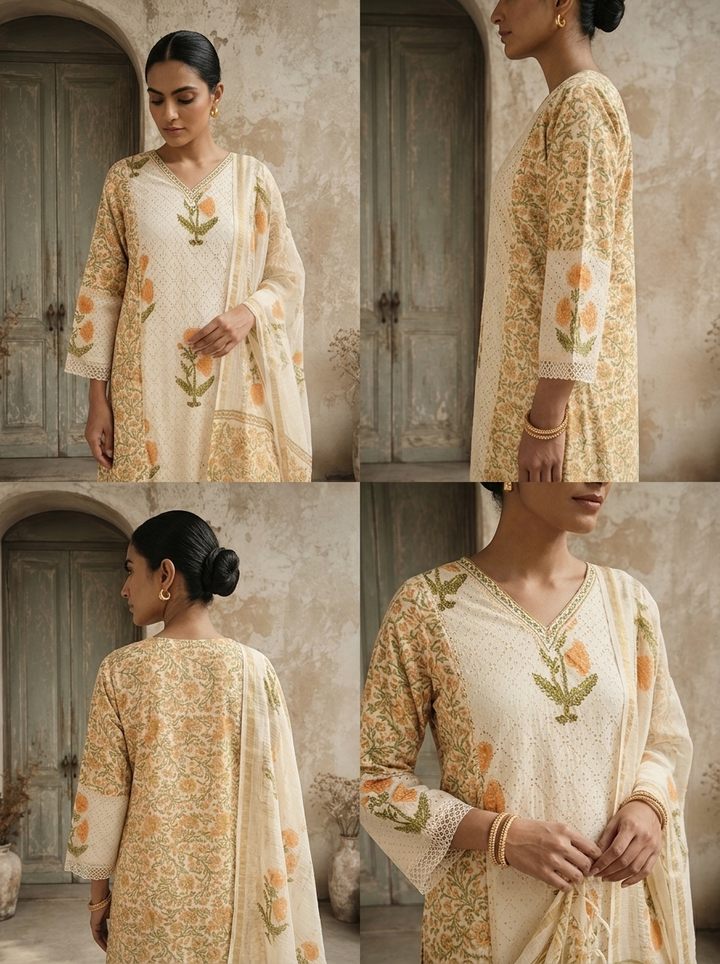 Mustard Cotton Floral Printed With Marigold Embroidered Three Piece Set