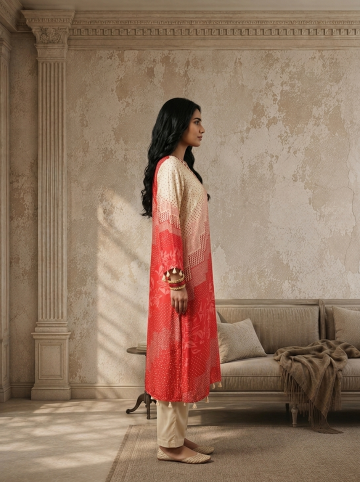Red Satin Geometric Patchwork And Leaf Printed Two Piece Set