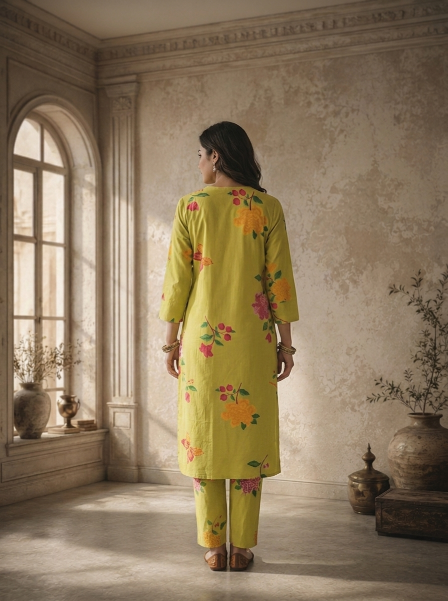Lime Cotton Peony Floral Printed Two Piece Set