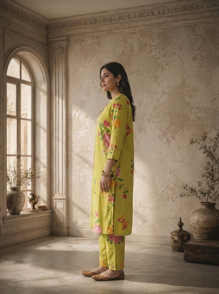 Lime Cotton Peony Floral Printed Two Piece Set