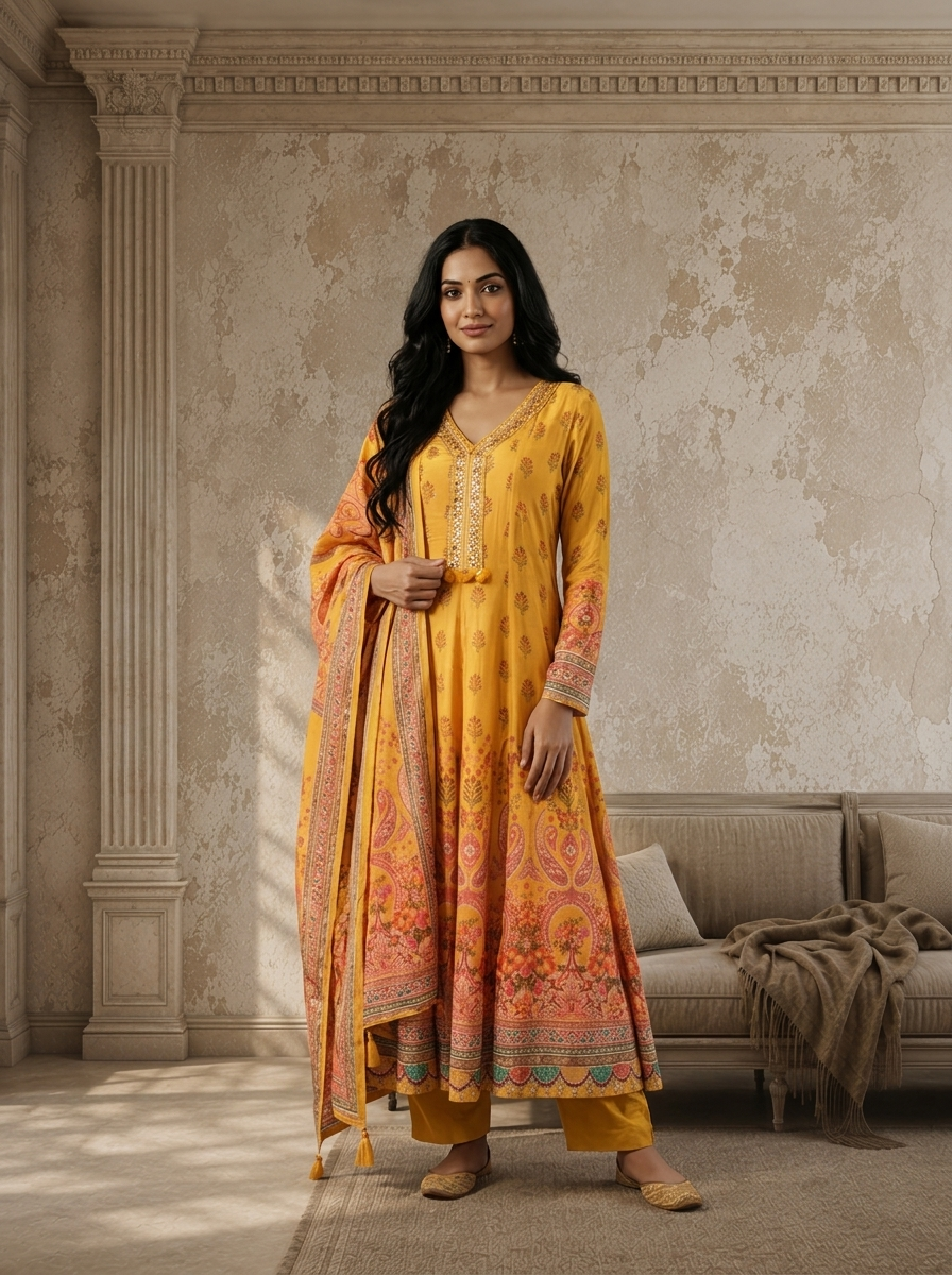 Mustard Crepe Paisley And Floral Mughal Printed Three Piece Set