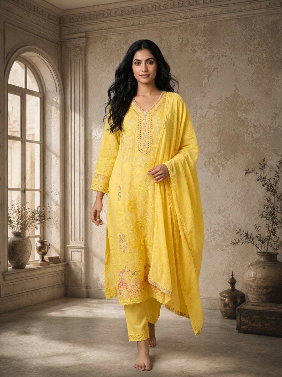 Yellow Cotton Multicolor Floral Embroidered Three Piece Set