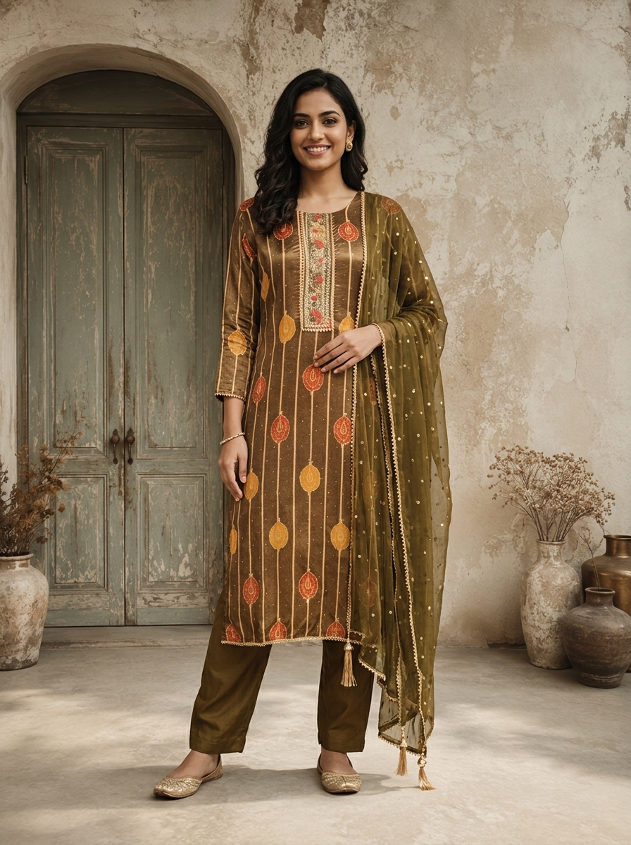 Olive Crepe Kalga Motif Printed Three Piece Set