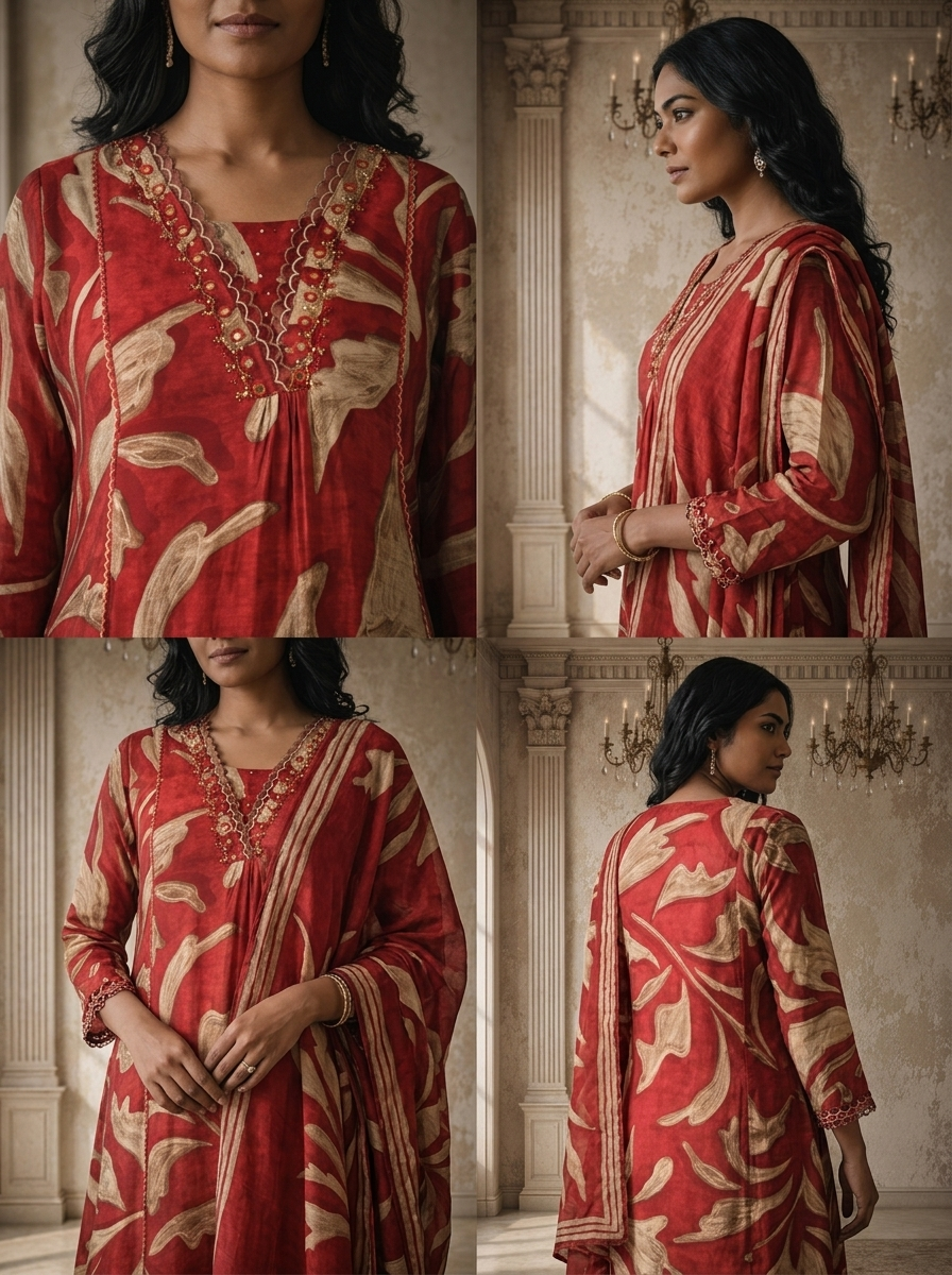 Maroon Muslin Abstract Leaf Printed Three Piece Set