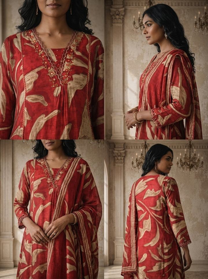 Maroon Muslin Abstract Leaf Printed Three Piece Set