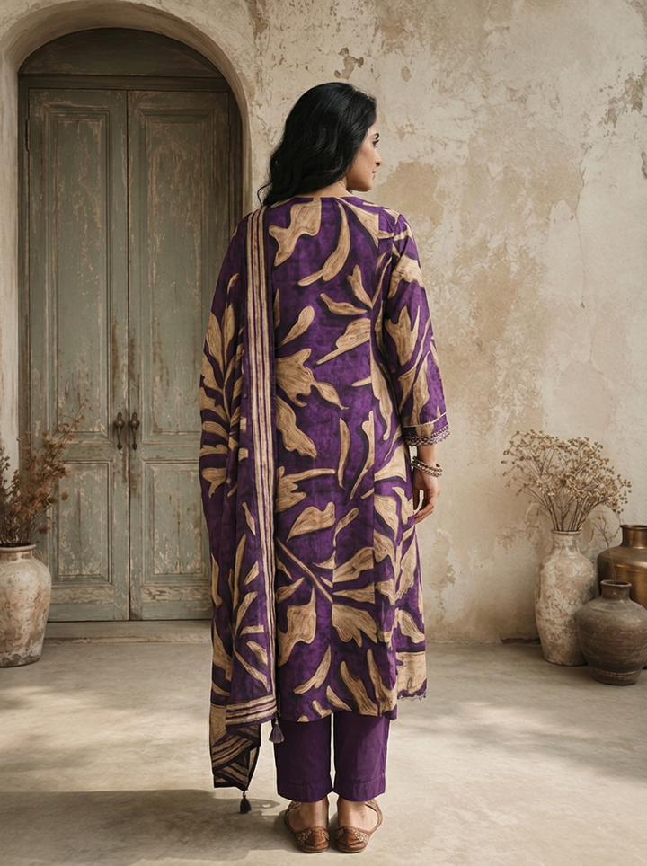 Purple Muslin Abstract Leaf Printed Three Piece Set