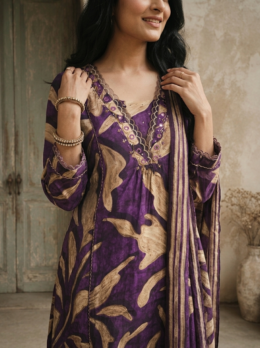 Purple Muslin Abstract Leaf Printed Three Piece Set