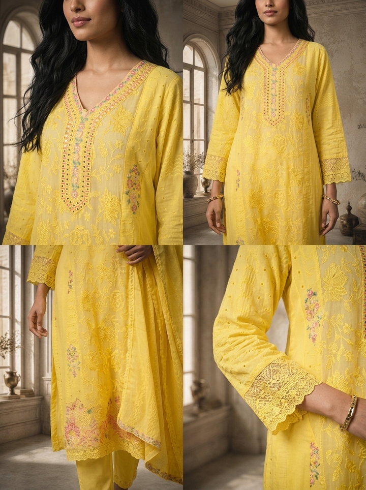 Yellow Cotton Multicolor Floral Embroidered Three Piece Set