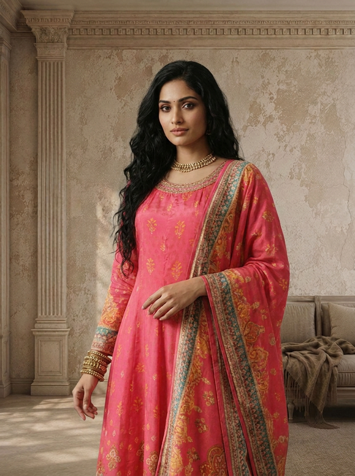 Pink Crepe Mughal Boota Printed Anarkali With Dupatta