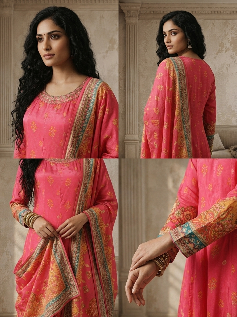 Pink Crepe Mughal Boota Printed Anarkali With Dupatta