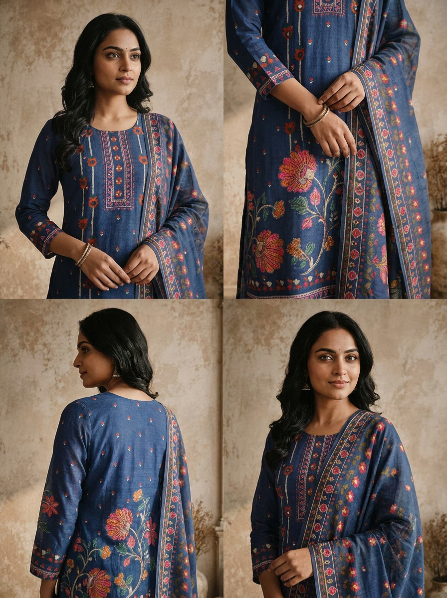 Navy Blue Cotton Vertical Floral Boota Printed Three Piece Set