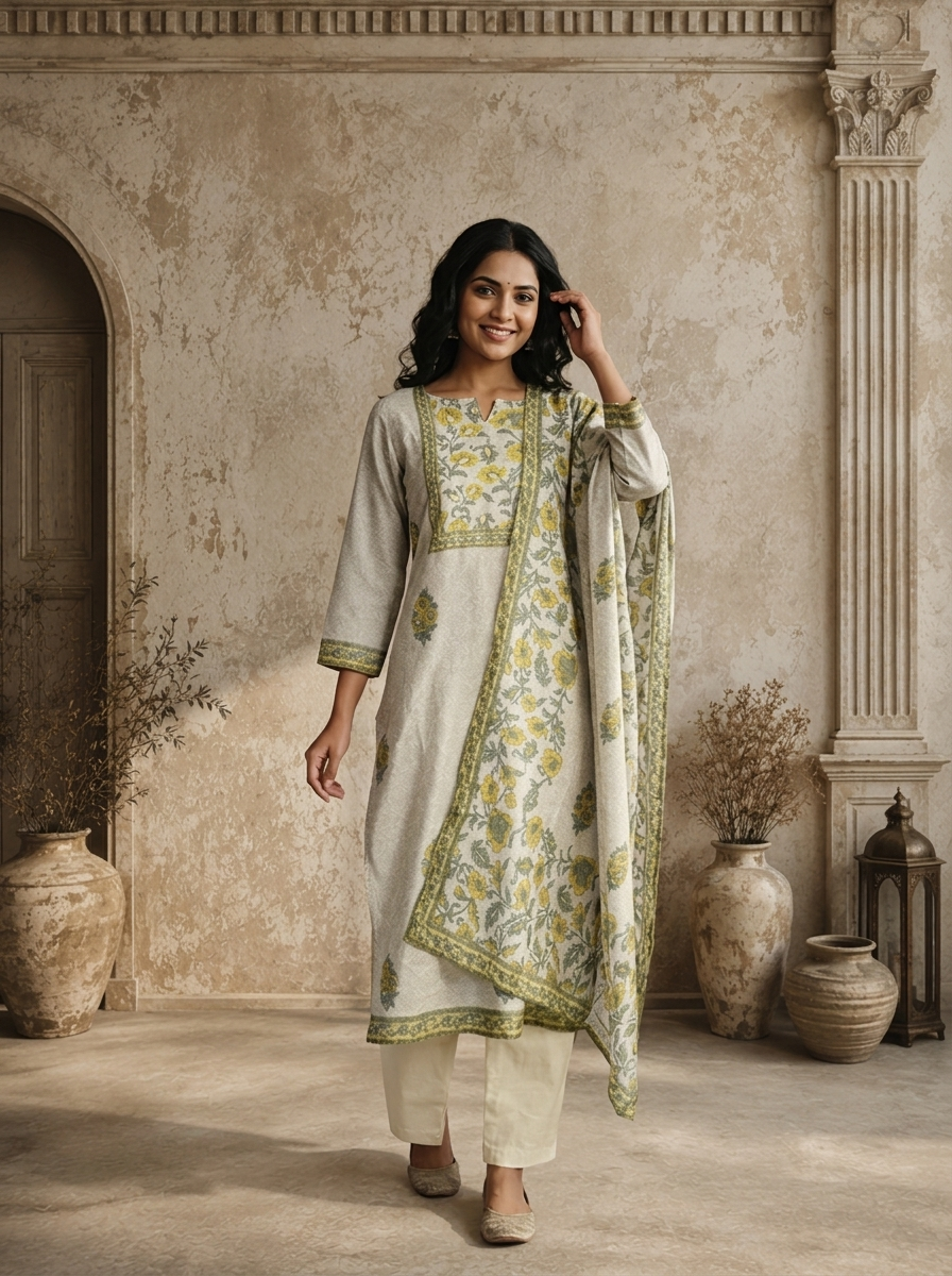 Ivory Yellow Modal Floral Mughal Boota Printed Three Piece Set