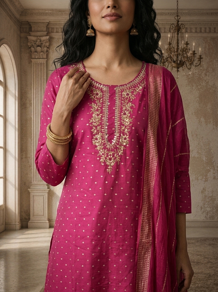 Purple Silk Zari Diamond Boota Weaved Three Piece Set