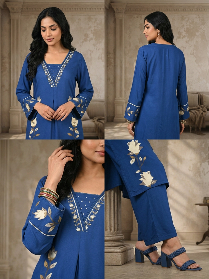 Royal Blue Rayon Twin Lotus Vine Printed Two Piece Set