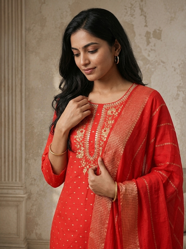 Red Silk Zari Diamond Boota Weaved Three Piece Set