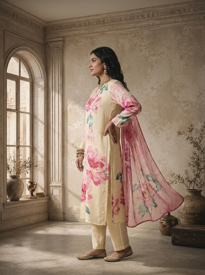 Cream Satin Peony Digital Floral Printed Three Piece Set