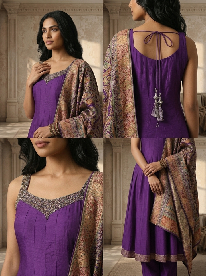 Purple Silk Multi-color Banarasi Printed Three Piece Set