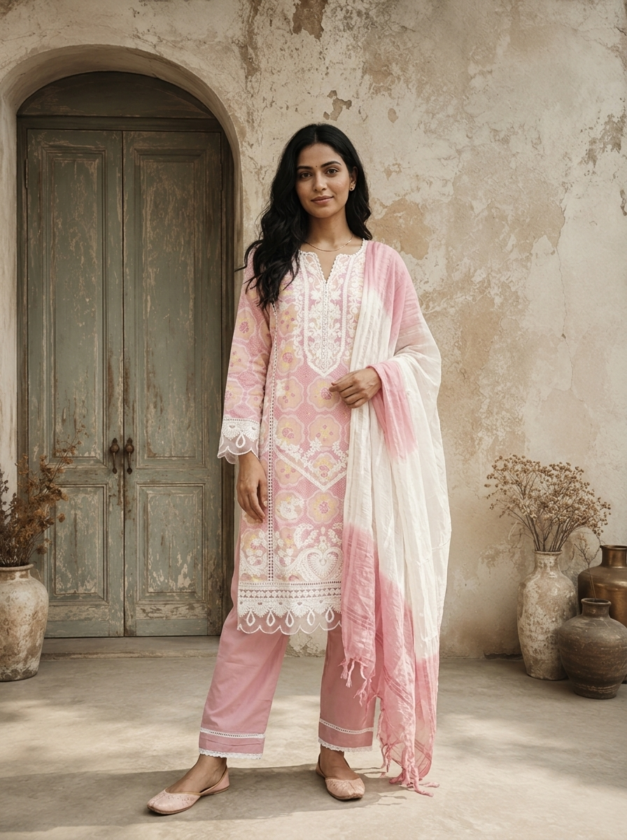 Baby Pink Cotton Vintage Mughal Boota Printed Three Piece Set