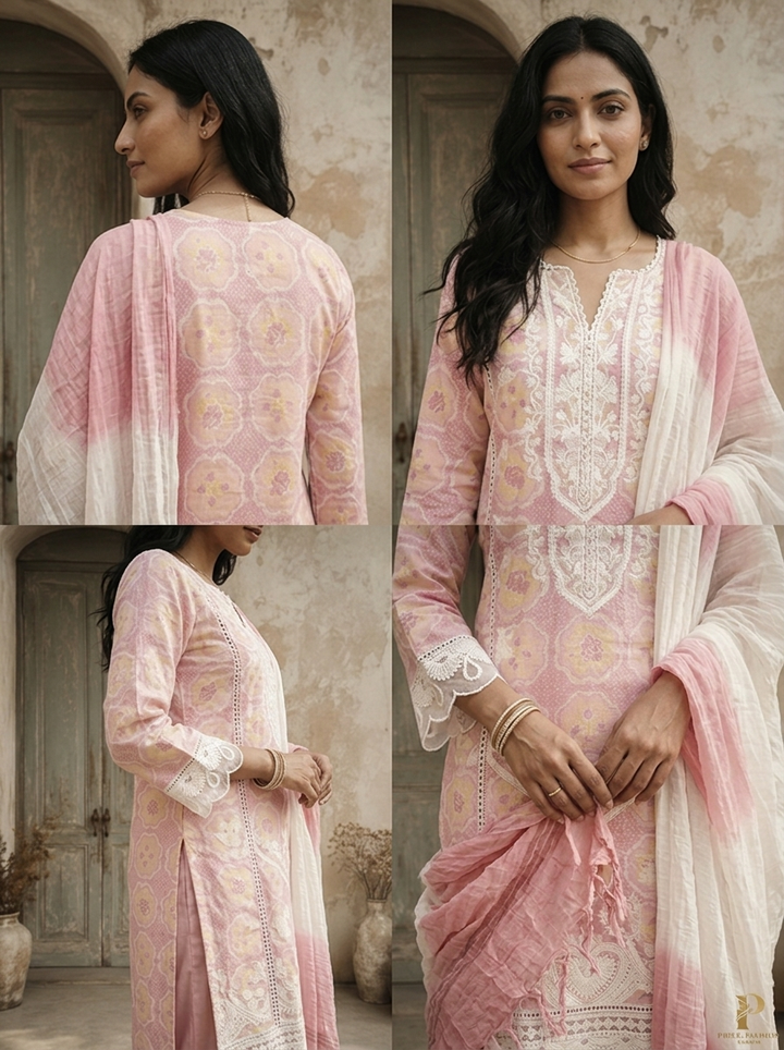 Baby Pink Cotton Vintage Mughal Boota Printed Three Piece Set