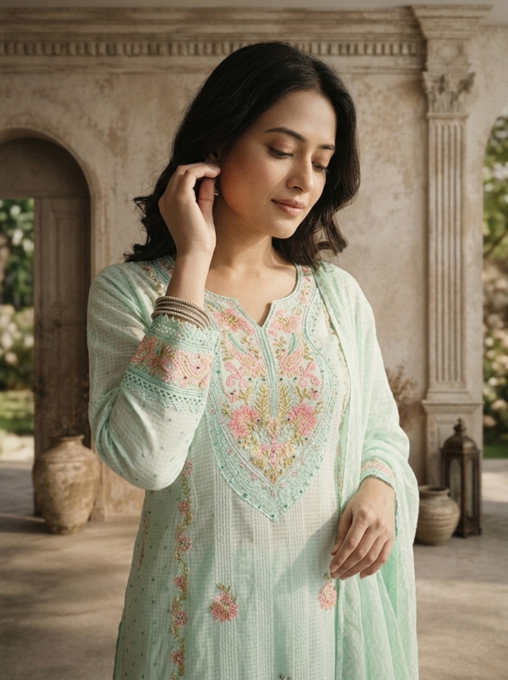 Mint Muslin Multicolor Floral Thread Embroidered Three Piece Set