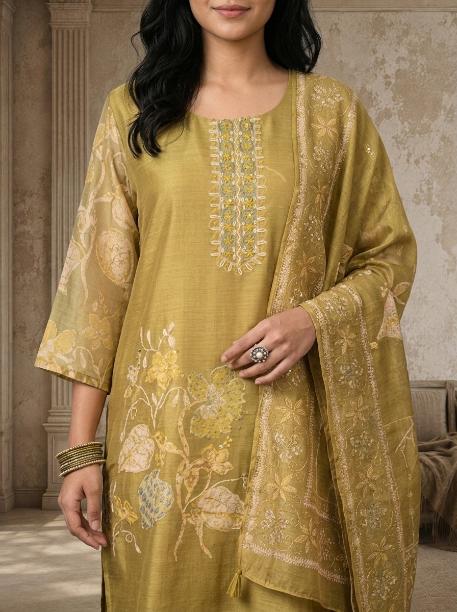 Lime Green Chanderi Pastel Leaf And Floral Printed Three Piece Set