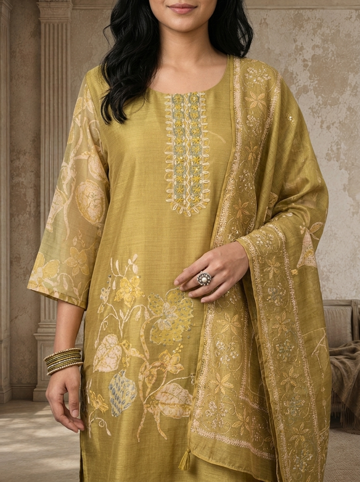 Lime Green Chanderi Pastel Leaf And Floral Printed Three Piece Set