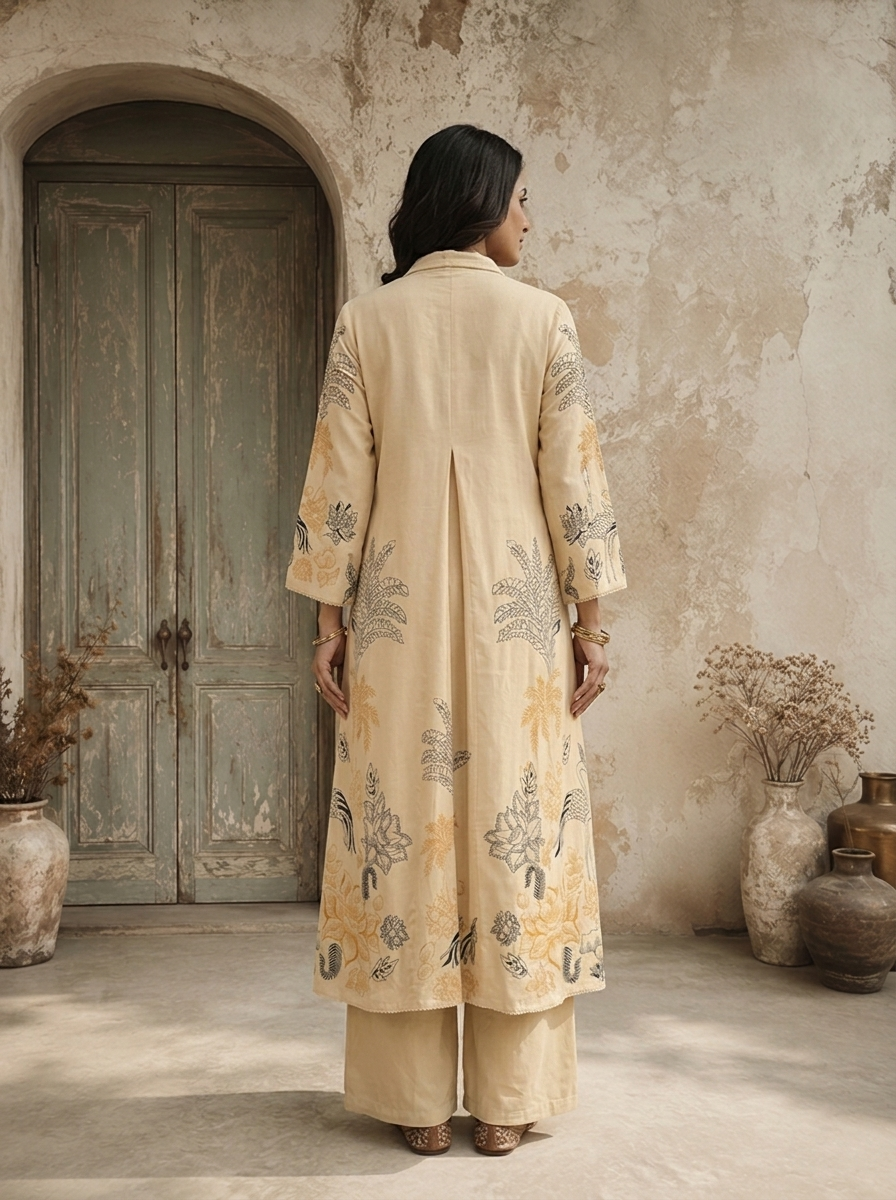 Beige Rayon Tropical Line Art Printed Two Piece Set