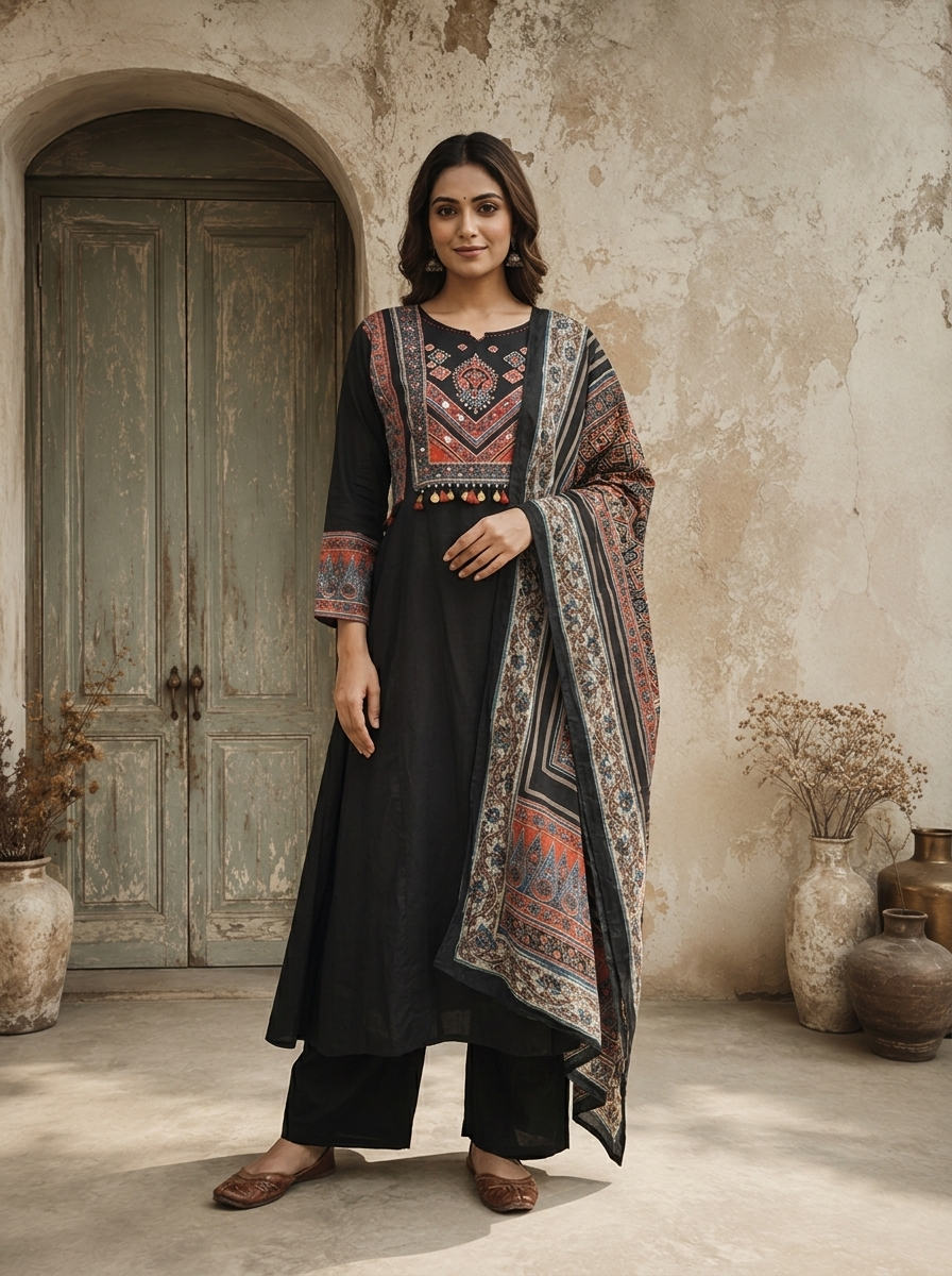 Black Cotton Ajrakh Printed Three Piece Set