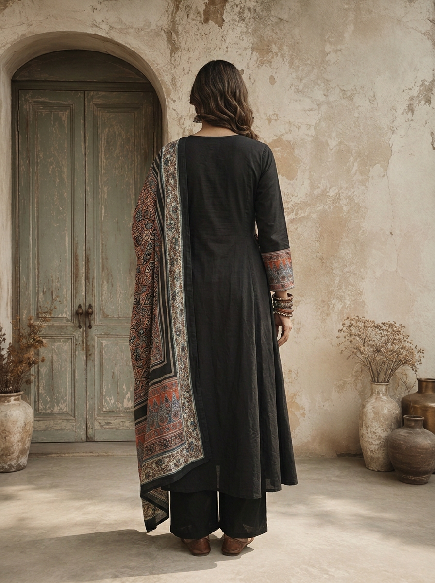 Black Cotton Ajrakh Printed Three Piece Set