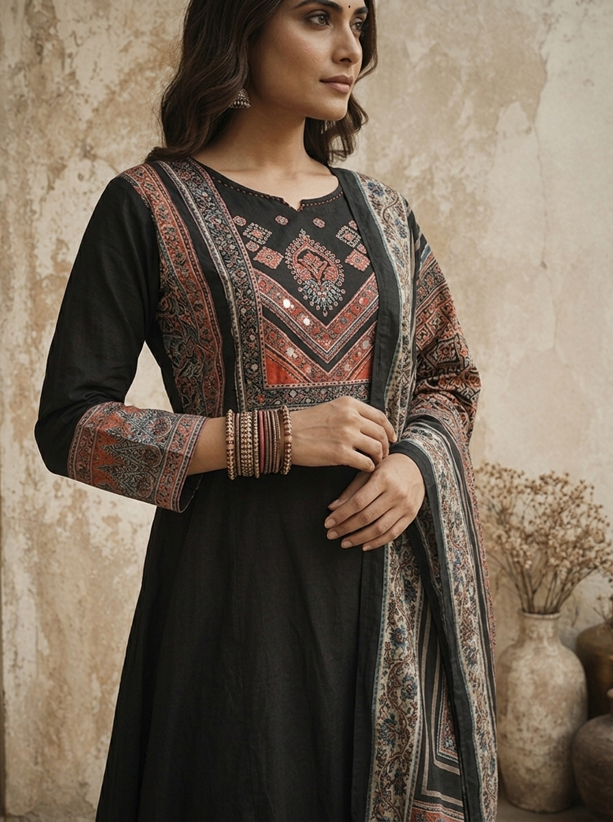 Black Cotton Ajrakh Printed Three Piece Set