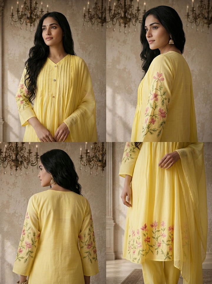 Yellow Silk Lily Floral Thread Embroidered Three Piece Set